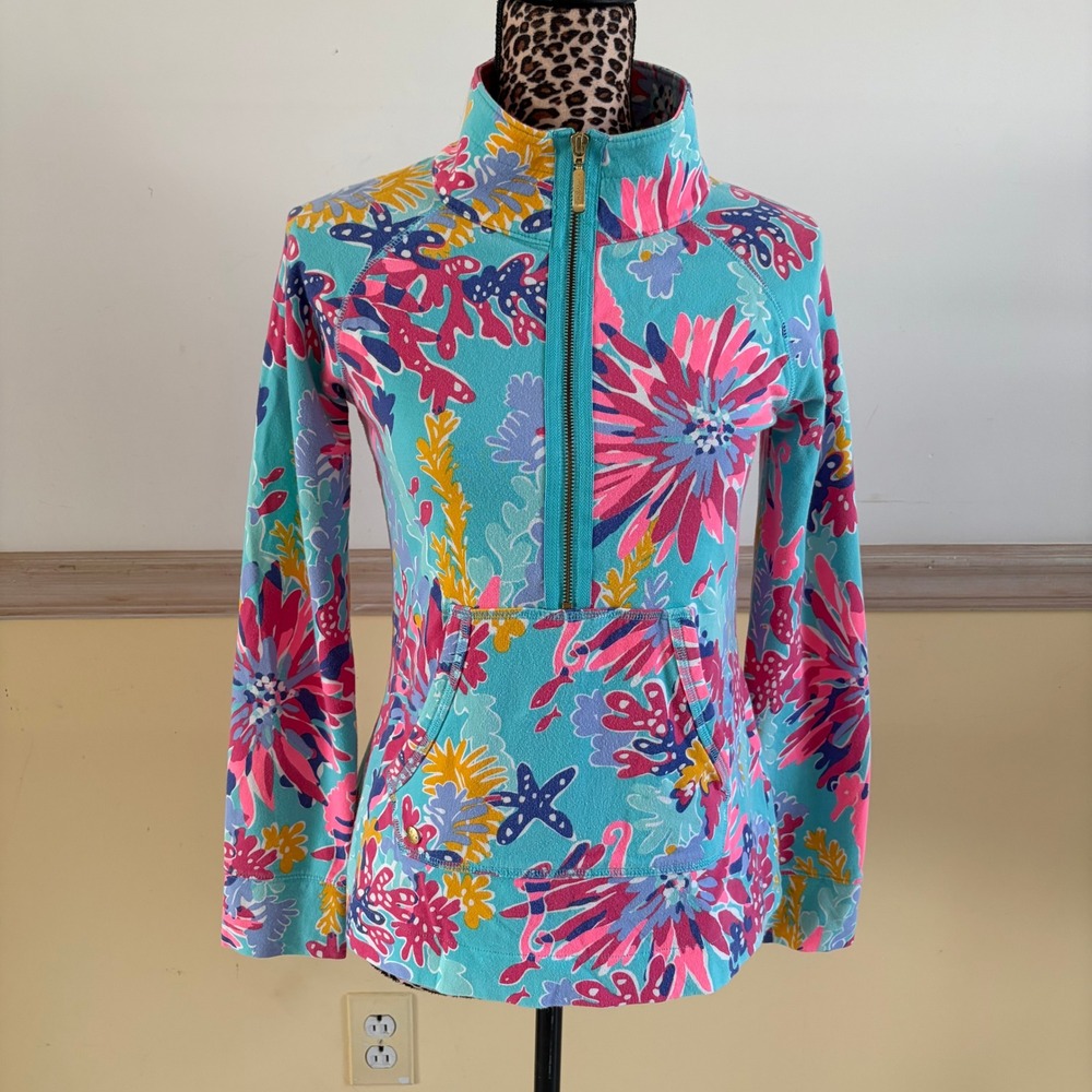 Lilly Pulitzer Skipper Popover XS Turquoise Pink Floral Sea to Shining Sea Zip